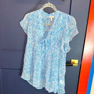 Joie 100% Silk Blue and White Flutter Sleeve Top Size S